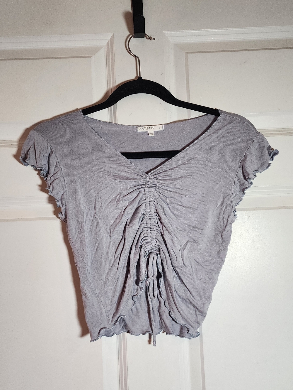 Antistar Women's Ruched V-Neck Short Sleeve Top - Light Gray L